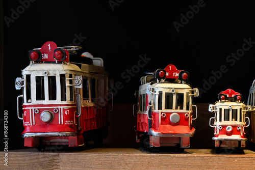 Souvenir toys in Istanbul old red trams and cars