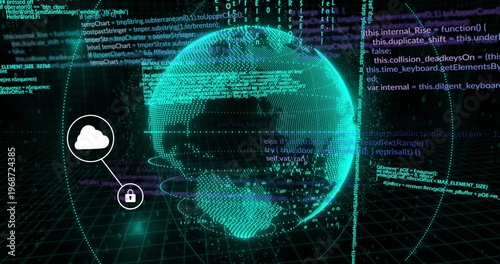 Rotating holographic globe hovering above grid in cyberspace, with cloud padlock icons