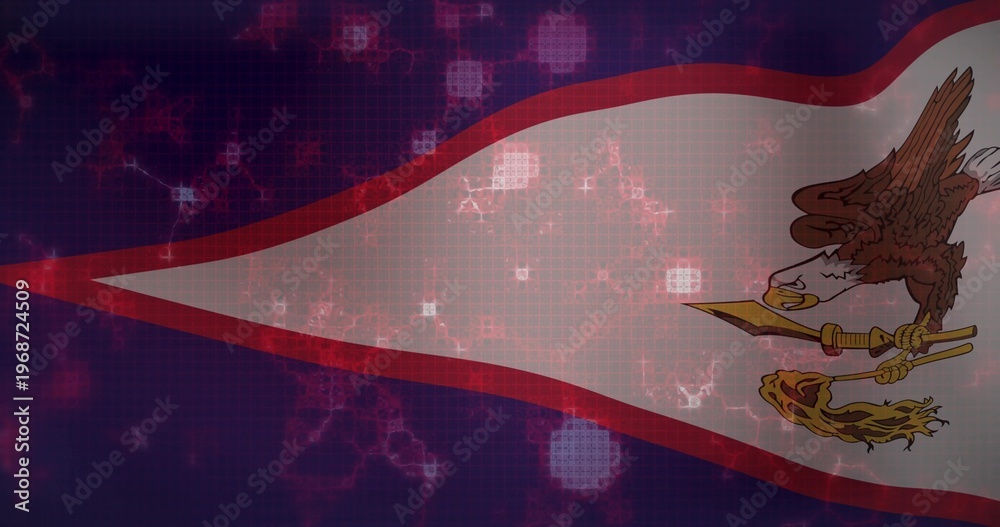 Naklejka premium Extending white triangular flag bearing brown eagle holding yellow staff and club in digital studio