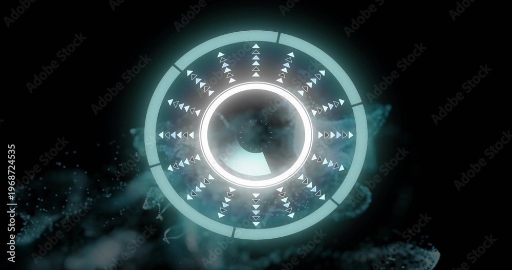 Fototapeta premium Glowing central HUD floating in dark void, showing concentric rings, wedge, drifting teal particles