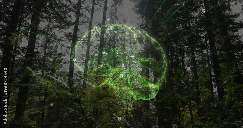 Fototapeta premium Glowing neon holographic brain hovering in misty conifer forest, casting radial green beams