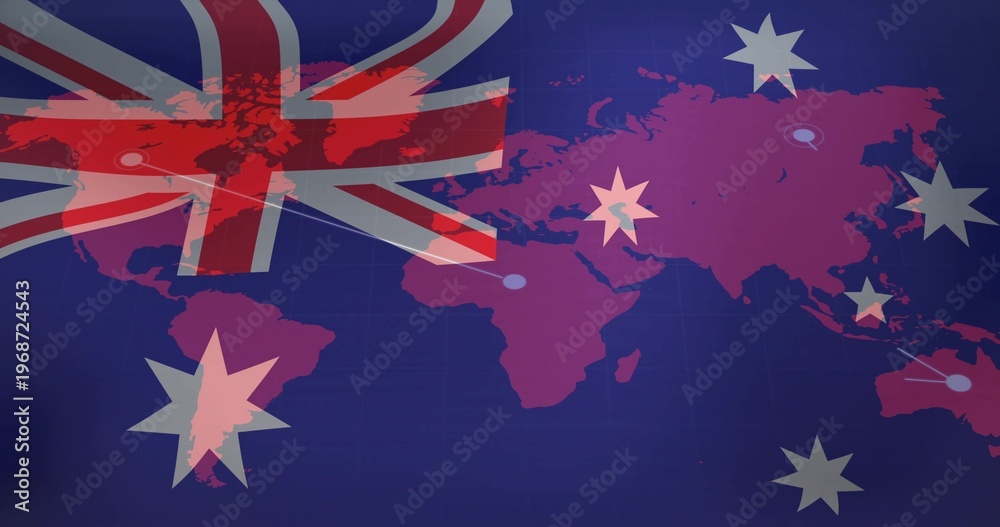 Obraz premium Displaying stylized world map with Union Jack overlay and stars on deep blue grid, with markers