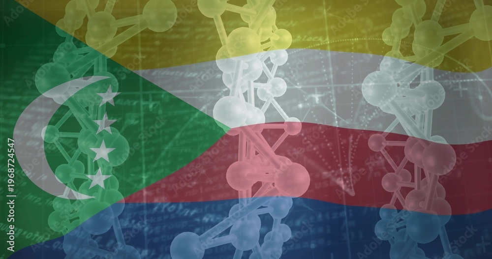 Obraz premium Combining Union of Comoros flag with molecular helices and scientific code in digital composition