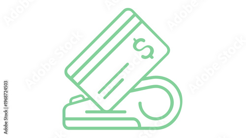 Minimalist vector icon illustration of a credit card being swiped into a payment terminal or POS machine, featuring a blue and green gradient line art style for finance and commerce concepts.