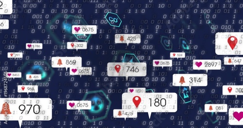 Floating notification bubbles drifting across binary matrix, showing counters, pin heart bell icons