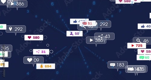 Floating bubble notification badges drifting over navy radial grid, with numeric counters and icons