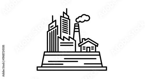 Industrial cityscape with factory and residential buildings on a raised platform