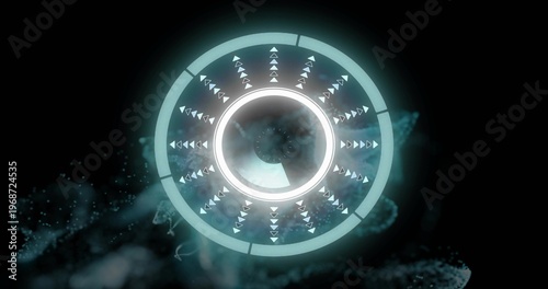 Glowing central HUD floating in dark void, showing concentric rings, wedge, drifting teal particles