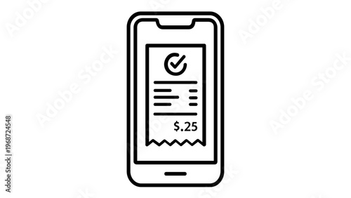 Mobile payment confirmation vector icon illustration featuring a smartphone displaying a digital receipt with a checkmark and price tag, perfect for e-commerce and financial app design.