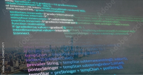 Projecting colorful code overlay covering window at waterfront, with skyline, needle tower shadow