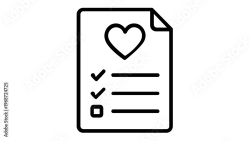 Minimalist Wishlist Line Icon Vector Illustration Featuring a Document with a Heart Symbol and a Checklist with Checkmarks, Perfect for E-commerce Shopping Apps and Favorite Product Lists.