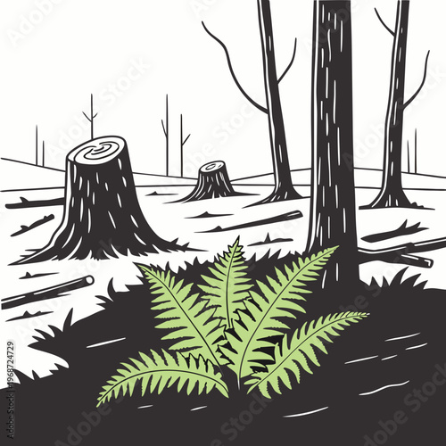 The charred remains of a forest floor with bright green ferns sprouting from the ash. 1