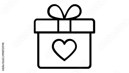 Minimalist vector icon illustration of a gift box featuring a heart symbol and a decorative bow, ideal for e-commerce wishlist features, romantic presents, holiday shopping, and special events.