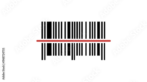 Minimalist vector icon illustration of a black barcode being scanned by a red laser line, symbol for retail, shopping, commerce, inventory management, and product identification on white.