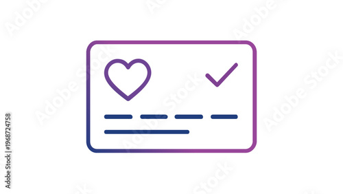 Modern vector icon illustration of a digital loyalty card or credit card featuring a heart symbol and checkmark, designed with a sleek blue to purple gradient for e-commerce and retail apps.