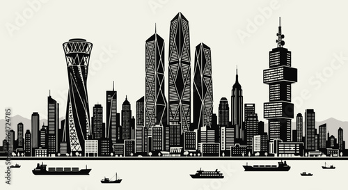 Modern cityscape skyline illustration with skyscrapers, ships, and buildings along a waterfront in a black and white graphic style