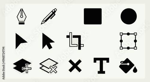 Collection of Graphic Design and Digital Art Tools Icons Representing Creativity and Editing Functions