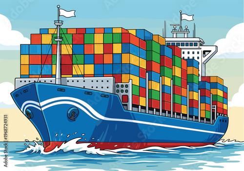 Colorful cargo ship transporting containers on calm sea