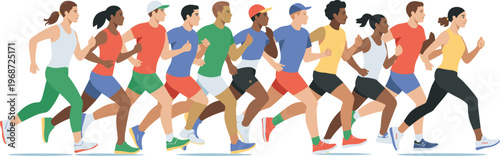 Diverse group of men and women running together in flat style vector illustration featuring athletes in sportswear for marathon fitness and healthy lifestyle design,