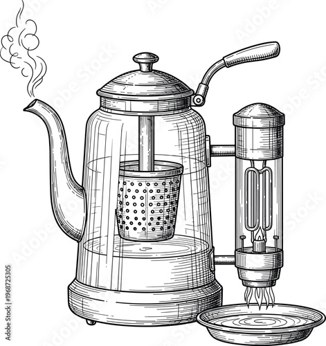 Vintage tea kettle with infuser and sugar shaker illustration