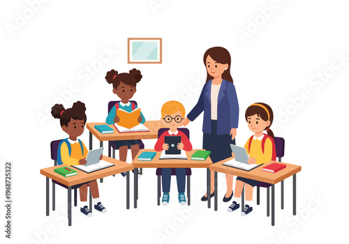 Flat style vector illustration of diverse elementary school children learning together in a bright classroom with teacher guidance, books and tablets in modern education