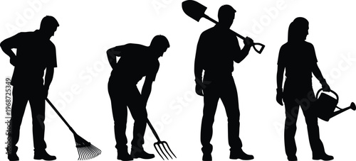 Gardening people silhouette collection with rake pitchfork shovel and watering can in cad drawing flat vector illustration for landscaping design projects.