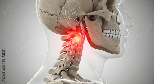 Profile view of cervical vertebrae and jaw alignment. Temporomandibular joint disorder and spinal health. Glowing orange highlights on the upper neck bones and skull connection