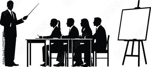 Business training presentation silhouette showing instructor teaching team meeting with flip chart board isolated on white background vector illustration