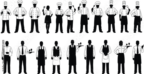 Chef and waiter silhouettes collection showing restaurant staff uniforms cooking serving poses isolated on white background hospitality vector illustration