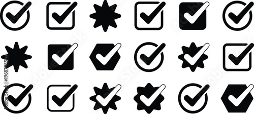 Check mark icon set with ವಿವಿಧ shapes including circle square star and hexagon for survey voting checklist and task completion interface design,