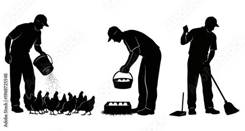 Farmer Silhouettes Feeding Chickens Collecting Eggs and Sweeping Farmyard Livestock Care