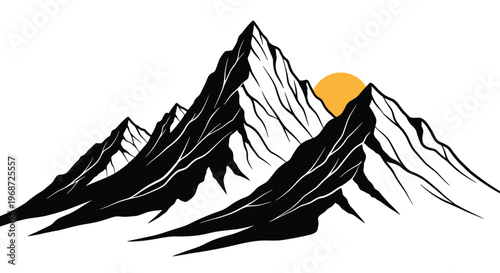 Dramatic silhouette of a high mountain range with sharp peaks and an orange sun setting behind the dark crest line.