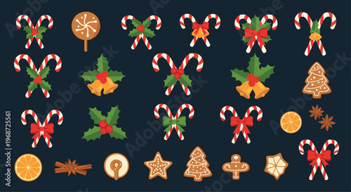 Large collection of Christmas themed icons including candy canes holly bells gingerbread cookies and orange slices.