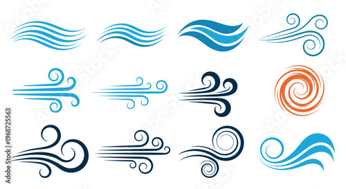 Set of blue and orange stylized wind and wave icons depicting breeze air movement and swirling energy flow patterns.