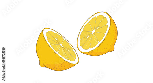 Fresh yellow lemon cut into two halves showing juicy segments and seeds, presented as a vibrant vector illustration on a clean white background.