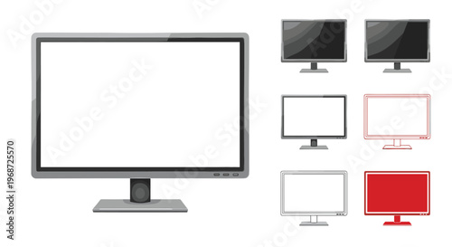 Set of computer monitor icons in various colors and styles including flat outline and shaded versions on white background.