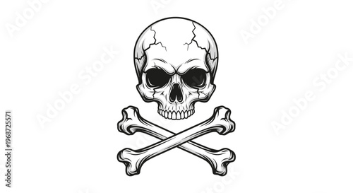 Black and white illustration of a human skull with crossbones beneath it, featuring realistic shading and cracks for a classic pirate symbol.