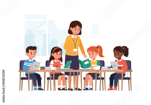Flat style vector illustration of diverse elementary school children learning together in a bright classroom with teacher guidance, books and tablets in modern education