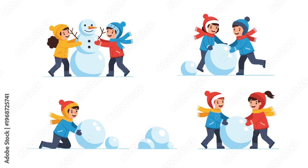 Fototapeta premium Several scenes of happy children in colorful winter clothes building a snowman and rolling large snowballs in a snowy winter landscape.