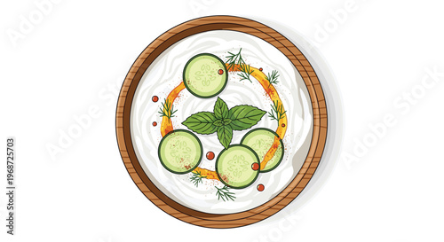 Top-down view of a wooden bowl filled with creamy tzatziki sauce garnished with cucumber slices, mint leaves, spices, and fresh olive oil.