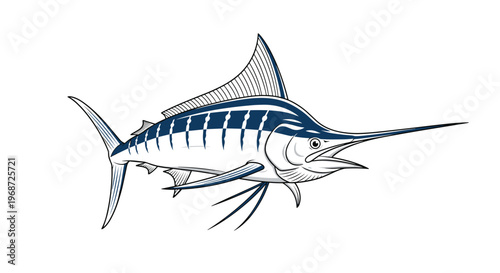 Dynamic blue and white illustration of a marlin fish swimming, capturing its long spear-like snout and powerful dorsal fin in great detail.