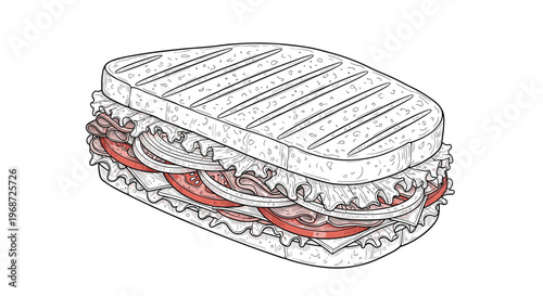 Detailed sketch of a delicious grilled panini sandwich stuffed with meat, cheese, lettuce, tomatoes, and onions on crusty toasted bread.
