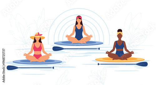Three diverse women practicing yoga in lotus positions on paddleboards in a calm lake with soft leaf patterns in the background landscape.
