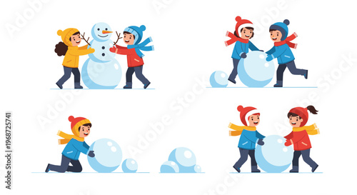 Several scenes of happy children in colorful winter clothes building a snowman and rolling large snowballs in a snowy winter landscape.