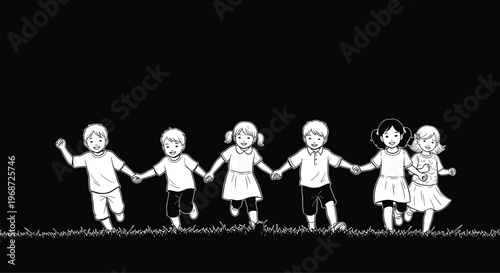 Happy children holding hands running together in park friendship childhood concept isolated on white background vector illustration playful kids