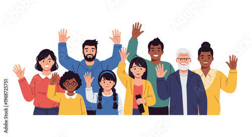 Cheerful diverse group of people from different generations and backgrounds standing together and waving their hands in a friendly greeting.