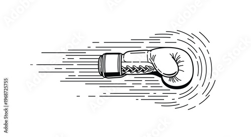 Energetic black and white line drawing of a boxing glove in a fast-punching motion with speed lines indicating power and strong movement.