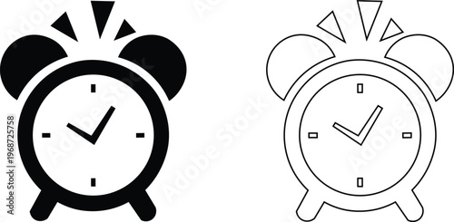 Minimalist Alarm Clock Vector Set – Solid and Outline Ringing Clock Icons for Time Management and Alerts