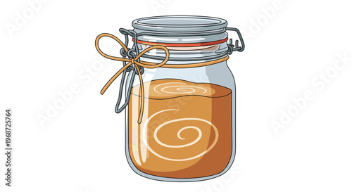 Glass jar with a metal clamp lid filled with golden honey or caramel sauce, decorated with a simple twine bow on a plain white background.