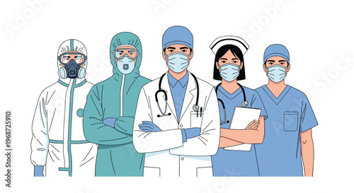 Group of five diverse medical professionals in various uniforms including scrubs lab coats and hazmat suits ready for work.